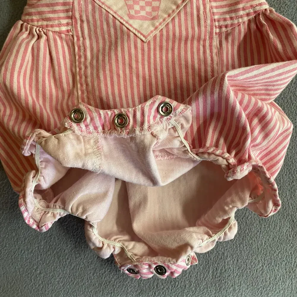Vtg 80s 90s Offspring Playsuit Jumper Romper Girls 24M Pink Stripe Tulips Cotton